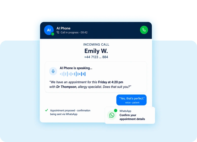 AI Phone speaking with a patient and confirming an appointment via WhatsApp